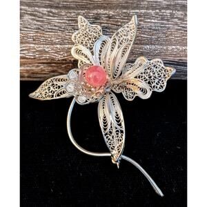 Vintage 900 Silver Italian Filigree Tourmaline Center Orchid Brooch/Pin